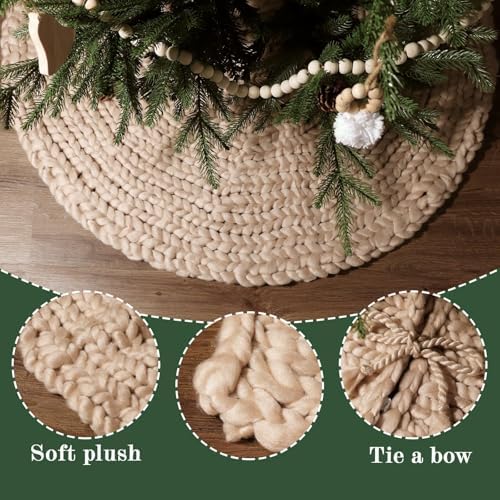 48 inch Christmas Tree Skirt: Chunky Knit Tree Skirt for 7.5ft Tree, Crochet Beige Tree Skirt, Vintage Tree Skirts, Rustic Farmhouse Christmas Decorations - Image 3