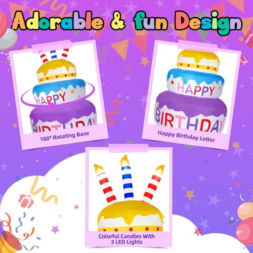 B&D 6FT Happy Birthday Cake Inflatable with 180° Rotation, 3-Color Yellow Blue Purple Tiered Cake with Sparkling LED Lights, Blow Up Outdoor Indoor Decoration for Lawn Yard & Party - Image 3