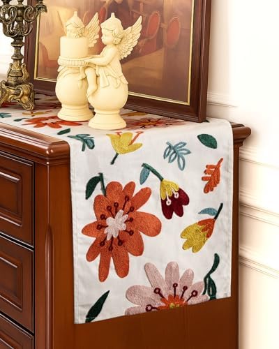Canvas Embroidered Narrow 13"x 108" Table Runner, Colorful Flower - Image 5