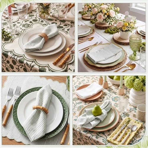 Mindsoft Set of 12 Green Striped Linen Cotton Cloth Napkins 18" x 18" - Image 3