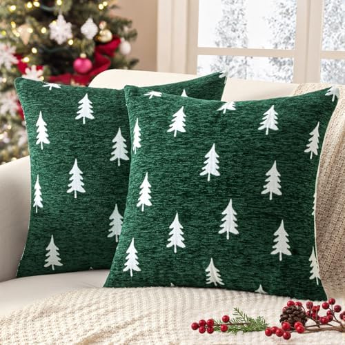 MIULEE Christmas Decorative Chenille Throw Pillow Covers, 18x18 Inch, Green White Tree, Set of 2 Cute Trees with Plaid Patterns Pillows for Sofa Couch Bedroom Chair Xmas Home Decor by MIULEE