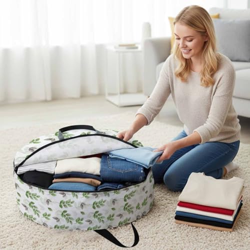Botanical Country Round Storage Bag 30 Inch, Green Eucalyptus Leaves White Background Clothes Storage Container with Handles Heavy Duty Organizer for Comforter, Bedding & Holiday Wreaths - Image 3