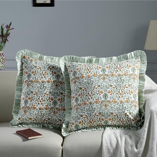 Ridhi Block Print Goldenrod Yellow Throw Pillow Cover 24" x 24" (Pack of 2) Decorative Cushion Covers with Ruffle for Couch, Sofa, Bed, Living Room, Home Decor Gift for Spring, Easter, Valentine - Image 2