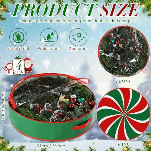 4 Pack 36 Inch Wreath Storage Containers, Hard Shell Garland Storage Bags with Handle Dual Zipper, Large Red Green Round Storages Box for St. Patrick's Day Wreath - Image 2