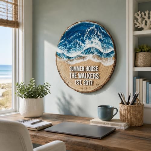 Personalized Family Name Sign, Custom Faux Resin Ocean Wave Wall Decor, Beach House Wood Slice Plaque, Flat MDF Board with Realistic 3D Print (Not Real Wood or Epoxy), Coastal Home Art - Image 6
