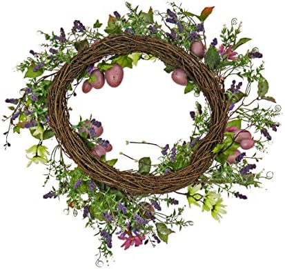National Tree Company Artificial Spring Wreath, Woven Branch Base, Decorated with Purple Pastel Eggs, Pink Flowers, Leafy Greens, Easter Collection, 22 Inches - Image 4