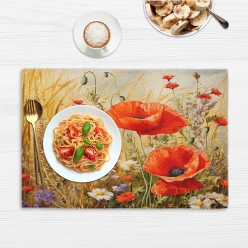 Art Flower Poppy Floral Retro Placemats Set of 6 Decorative Dinner Place Mats Washable Table Mat for Gifts, Holiday, Birthday Party, Wedding & Dining - Image 6