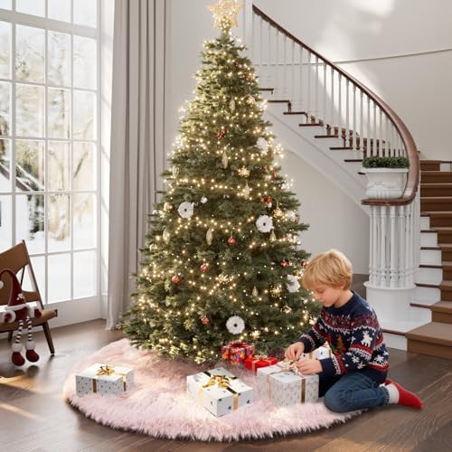 60 Inch Pink Faux Fur Christmas Tree Skirt Plush Xmas Tree Base Cover - Image 5