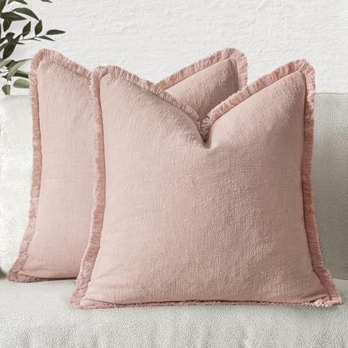 MIULEE Boho Linen Fringe Decorative Throw Pillow Covers Light Pink 20x20 - Image 7