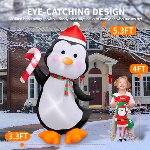 5FT Christmas Inflatables Outdoor Decorations Penguin Holding Candy Cane Blow Up Cute Christmas Decor Built-in LED Lights for Xmas Yard Outside Indoor Party Lawn Garden Porch Holiday - Image 2