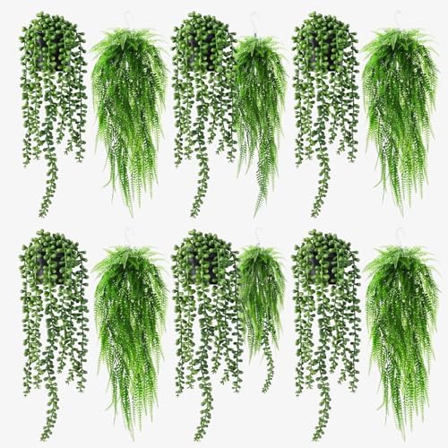 Daifunli 12 Pcs Artificial Hanging Plants Fake Hanging Ferns Plastic Fake Plant for Wall Room Garden Garland Indoor Outdoor Decor No Basket (Boston Ferns,String of Pearls) by Huiinen