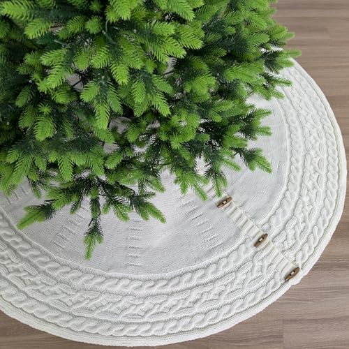 60-Inch Cable Sweater Knit Christmas Tree Skirt with Wooden Toggles, Cream by StarryDynamo
