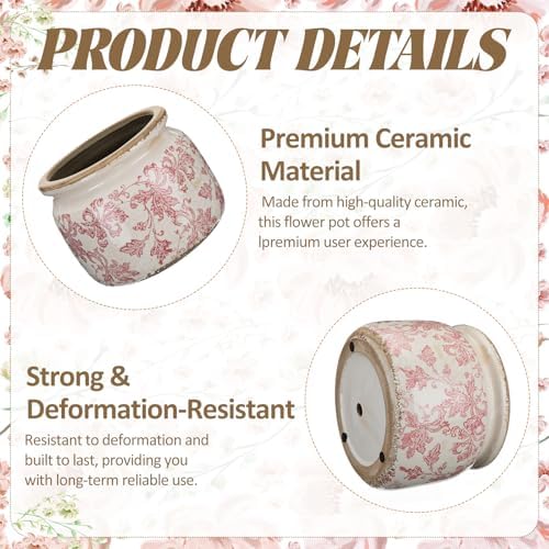 7.7" Large Ceramic Plant Pot Beige Pink Floral Vine Crackle Glaze Rustic Flowers Pot Decorative Planter with Drainage for Indoor Outdoor Plants Home Kitchen Office Decor Gift - Image 3