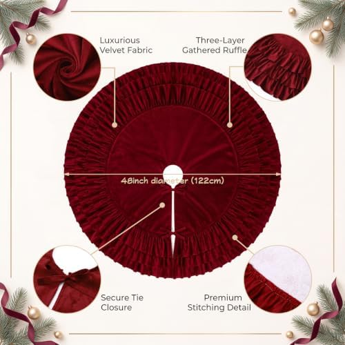 Hollowfly 48 Inch Ruffled Velvet Christmas Tree Skirts Burgundy Tree Skirt - Image 2