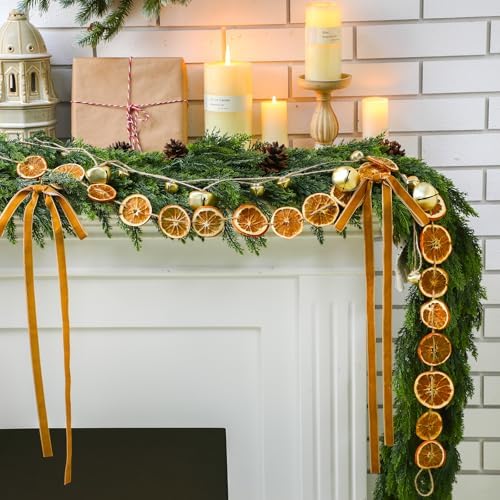 Daifunli 6FT Christmas Cedar Garland with Dried Orange Slices, Bells, Bows - Image 3