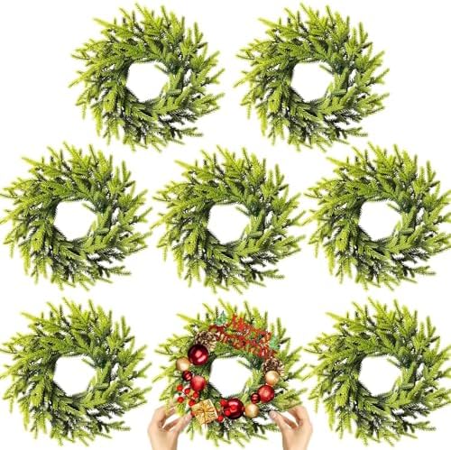 8 Pcs Christmas DIY Gree Wreath 10 Inch Green Artificial Wreaths DIY Faux Plain Wreaths Front Door Green Farmhouse Cabinets Wreath Indoor Outdoor Wall Decor(Pine Needle) by Gosodeny