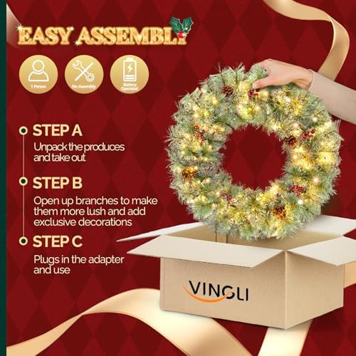 VINGLI 24" Small Christmas Wreath 2 Pack with 100 LED Battery Lights - Image 4