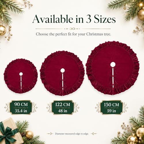 Velvet Christmas Tree Skirt, 60 Inches Red Ruffled Velvet Christmas Tree Skirt,Rustic Vintage Xmas Tree Skirt for Party Decorations - Image 3