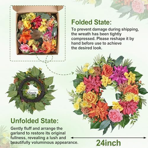 24 Inch Spring Summer Wreath for Front Door with Roses Dahlias Silk Flowers with Berry Greenery for All Seasons Indoor Outdoor Porch Wedding Wall Farmhouse Living Room Home Decor - Image 7