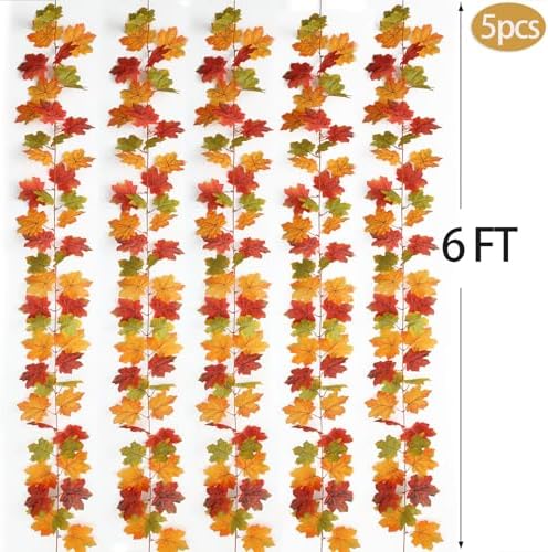 Mizii Fall Decor 5 Packs 390" Artificial Maples Vines Garland Fake Vine Fall Garland Silk Maple Leaves Faux Hanging Plants for Thanksgiving Porch Mantle Fireplace Farmhouse Harvest Decorations (Maple) - Image 2