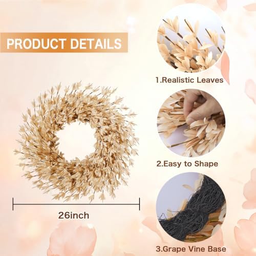 26 Inch Fall Wreath for Front Door, Autumn Thanksgiving Decor (Wheat) - Image 2