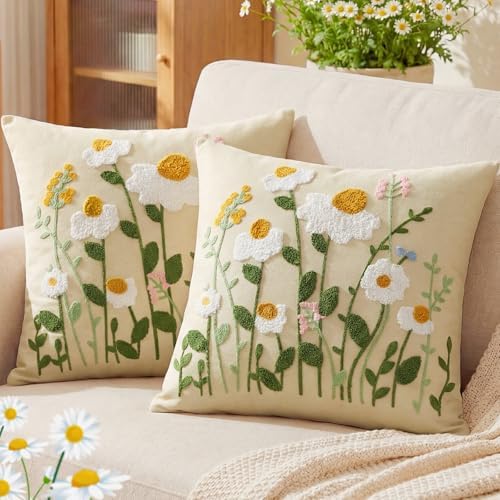 Tudomro 2 Pcs Daisy Throw Pillow Covers 20x20 Inch Spring Summer White Daisy Wildflowers 3D Embroidered Pillowcases with Zipper for Home Bedroom Cozy Sofa Couch Summer Boho Flowers Holiday Decor by Tranqun
