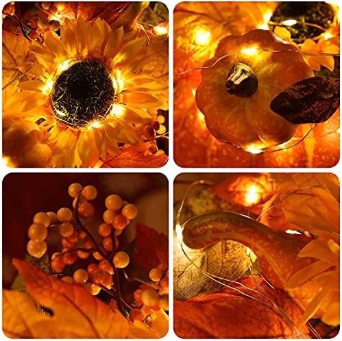Lvydec Large Pumpkin Fall Table Decoration, Artificial Pumpkin with Maple Leaves Sunflower Berries and LED Lights for Fall Table Centerpieces Thanksgiving Decor - Image 6