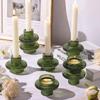 Green Taper Candle Holders Set of 8, Ribbed Glass Candlestick Holders by TripodBird