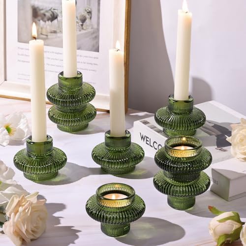Green Taper Candle Holders Set of 8, Ribbed Glass Candlestick Holders by TripodBird