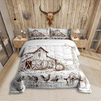 Windmill Comforter Set Full, Rustic Barn Farmhouse Bedding, Chick Cow Farm Animals Down Comforter, Hand Drawn Illustration Bedding Comforters, Countryside Rural Meadow Room Decor Duvet Set, Taupe by Erosebridal