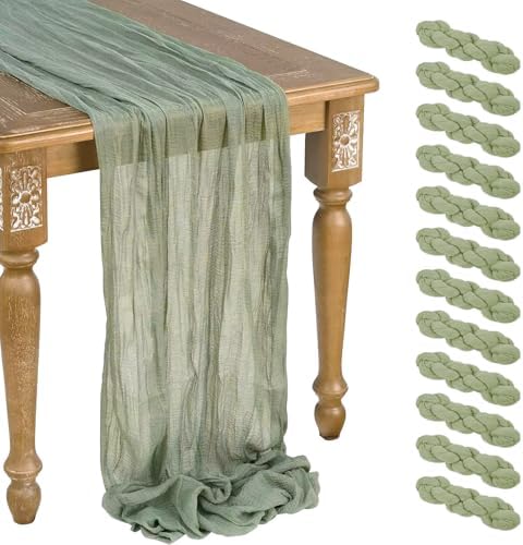 12 Pcs Sage Green Cheesecloth Table Runner 13ft Boho Gauze Cheesecloth Table Runner 160 inch Long for Christmas Wedding Bridal Baby Shower Birthday Table Decorations by WJWHQ