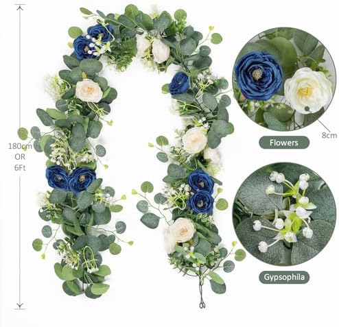 TOCHGREEN 4 Pack Artificial Eucalyptus Flower Garland with White Blue Roses - Image 3