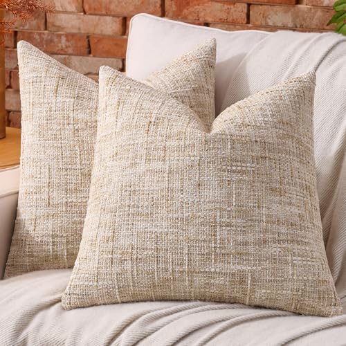 AmHoo Pack of 2 Chenille Textured Throw Pillow Cover, 500GSM Boho Farmhouse Decorative Couch Pillow Covers for Modern Home Decor Bed Sofa Living Room 20 x 20-Inch Light Brown by AmHootextile