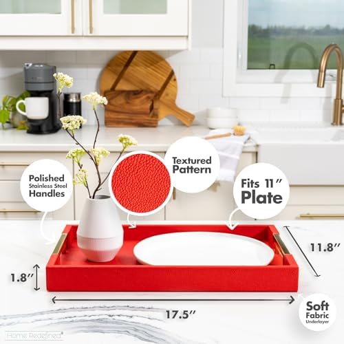 Modern Elegant 17.5"x12" Rectangle Red Shagreen Faux Leather Decorative Tray Ottoman Coffee Table Perfume Living Room Kitchen Serving Tray with Gold Polished Metal Handles by Home Redefined - Image 3