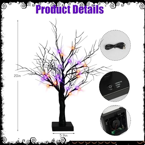 Dazzle Bright 2 Pack 20 Inch Orange & Purple Lighted Halloween Birches Tree Decor, 24 LED Battery Operated Halloween Decorations Artificial Black Spooky Tree with Timer for Indoor Home Party - Image 5