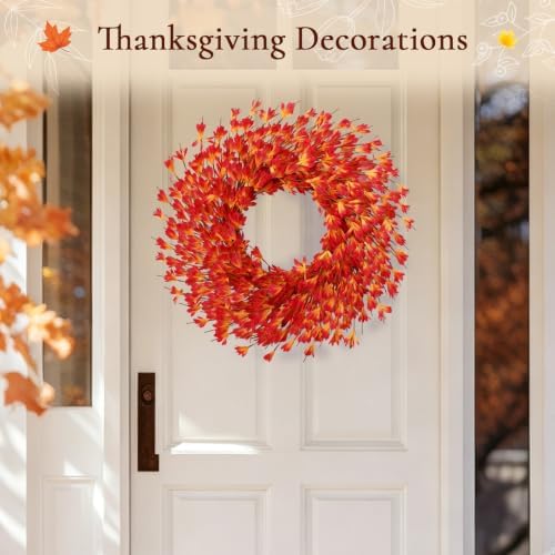 26 Inch Fall Wreath for Front Door, Autumn Thanksgiving Decor (Orange) - Image 5
