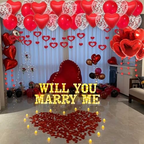 Will You Marry Me Light Up Letters Proposal Decorations, 14Pcs 6.3" Sign with 24Pcs Flameless Heart Candles 2000Pcs Red Artificial Rose Petals 45Pcs Latex Balloons 10Pcs Heart Balloon Valentine's Day - Image 5