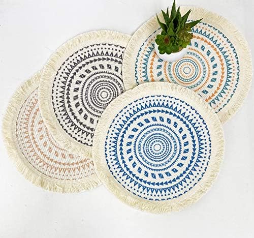 Fennco Styles Boho Geometric Fringe Decorative Cotton Placemats 13-inch Round, Set of 4 - Pink Heat Resistant Insulation Table Mats for Home Decor, Dining Table, Banquets and Special Events - Image 6