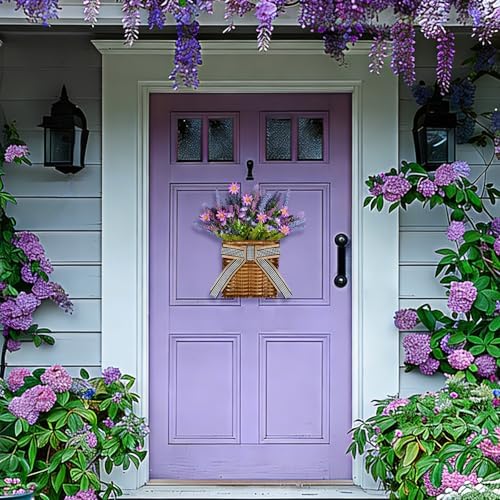 Spring Lavender Basket Wreath for Front Door 15" Purple Hanger Basket Artificial Grains Green Leaves with Purple Daisy Summer Wreaths Baskets for Indoor Farmhouse Porch Entryway Wall Home Decor - Image 6