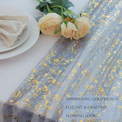 Snowkingdom 10Pcs Dusty Blue Gold Table Runner 10Ft Glitter Sheer Gauze, Metallic Chiffon Cheesecloth Tulle, Sparkly Rustic Party Decorations for Wedding Birthday Baby Shower Baptism Winter Christmas - Image 3