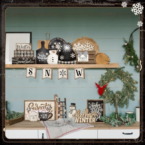 Nuogo 24 Pcs Winter Tiered Tray Decorations Set and 2 Tiered Tray Stand with Handle Winter Table Decoration Tabletop Snowman Decorations for Christmas Home Farmhouse Hot Cocoa - Image 6