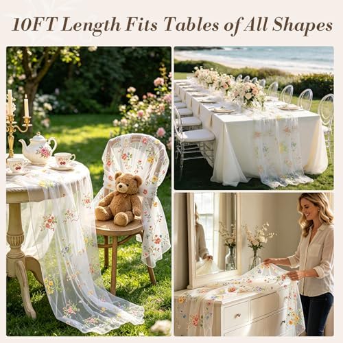 4 Pack White Wildflower Floral Table Runner 120", Embroidered Tulle Gauze for Wedding Reception, Boho Vintage Spring Summer Table Decor - Image 2