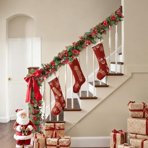 Findosom Total 11.2FT Christmas Garland for Mantle, 2PCS Flexible Red Berry Garland with Leaves, Artificial Garlands for Decoration Christmas Fireplace Indoor Outdoor Home Stairs Holiday Decor - Image 4
