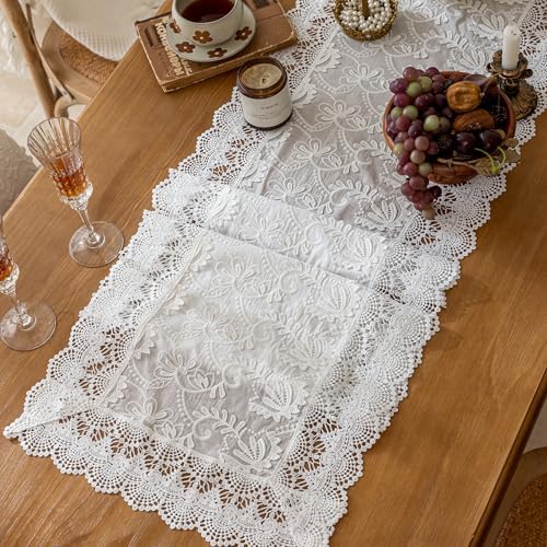 White Elegant Vintage Lace Table Runners,Wedding Lace Decor with Floral Embroidery,Tea Party Decor (White, 13.8X94.5 Inches) - Image 7