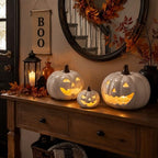 Set of 3 Halloween Decor Ceramic Pumpkins Lighted Jack O Lanterns - Image 2