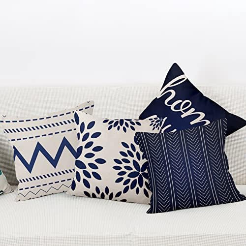 4 Pcs/Set Geometric Throw Pillow Covers Boho Home Sweet Home Decorative Minimalist Strips Plants Linen Pillow Cases for Outdoor Sofa Couch Decorative, 22"x22", Blue White - Image 2
