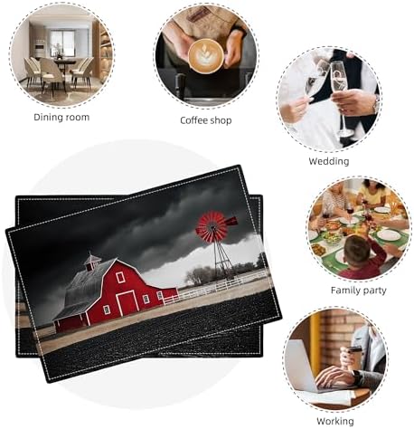 Farmhouse Placemats Set of 6, Black and Red Place Mats, Rustic Wipeable Washable Table Mat for Kitchen Dining Home Decor Linen Plate Mat 18x12 Inch - Image 3