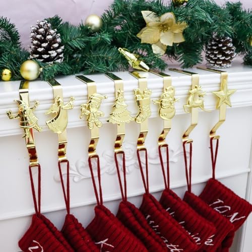 Christmas Stockings hooks, Gold Christmas Stockings holder for Mantle Set of 8, Reusable Christmas Stocking Hooks, No-Damage Xmas Hanger for Fireplace Stand Christmas Decoration Ornaments Hanging by XENTUMI
