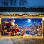 Classic Santa Claus Christmas Garage Door Banner 7x16 FT, Large 2-Car Winter Village Snow Night Outdoor Wall Mural Peeking Cover, Realistic Holiday Hanging Backdrop for House Exterior Party by THISFIND