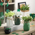 St Patricks Day Mason Jar Decorations, Green Mason Jar Centerpiece for Table with Wood Tray & Flowers, Set of 3 Decorative Jars for St Patrick Green Table Decor, Spring Decor - Image 3